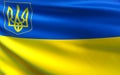 Blue and yellow flag with coat of arms. Ukrainian flag of an independent European country. State symbols. Independent Ukraine.