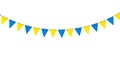 Blue and yellow flag garland. Triangle pennants chain. Party pennants, window or wall decoration decoration. Celebration flags for