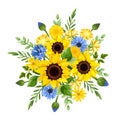 Blue and yellow flowers. Bouquet of sunflowers, cornflowers, and dandelions. Vector illustration Royalty Free Stock Photo