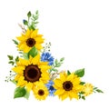 Blue and yellow flowers. Floral corner design element. Vector illustration