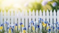 blue and yellow flowers in front of a white picket fence. generative ai Royalty Free Stock Photo