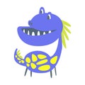 Blue and yellow funny dinosaur. Prehistoric animal character vector Illustration