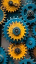 Blue And Yellow Gears And Cogs Abstract Background With Blur Effect And A Sense Of Motion Royalty Free Stock Photo