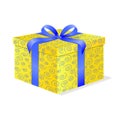 Gift. Yellow gift box with blue pattern and blue satin bow. The background is white. Vector. Exclusive. Royalty Free Stock Photo