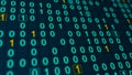 Blue and yellow glowing binary matrix on a grid, horizontal composition