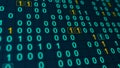 Blue and yellow glowing binary matrix on a grid, horizontal composition