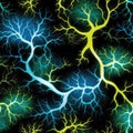 Blue Yellow Green Fire Neurons On Black Background. Tile Seamless Background. Generative AI