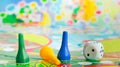 Blue, yellow and green plastic chips, dice and Board games for children .  selective focus Royalty Free Stock Photo