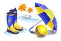 Blue-yellow gumboots,childrens umbrella, toy ball, falling leaves