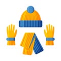 Blue Yellow Hat with scarf and gloves set. Winter accessories collection Royalty Free Stock Photo