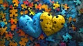 Blue and yellow hearts on a background of a bunch colorful puzzles.