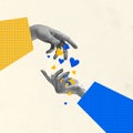 Blue and yellow hearts. Human hands aesthetic on light background, artwork. Concept of human relation, community, love