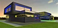Blue yellow illumination of the exclusive contemporary house designed by a team of young engineers. Night view against the starry Royalty Free Stock Photo