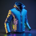 A blue and yellow jacket with a hood created with Generative AI technology