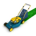 Blue and yellow lawnmower with grass