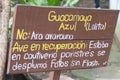 Blue-and-yellow macaw Ara ararauna information sign in El Gallineral park in San Gil, Colomb