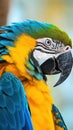 Blue and yellow macaw ara. Closeup shot of blue and yellow macaw on blurred background. Royalty Free Stock Photo