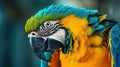 Blue and yellow macaw ara. Closeup shot of blue and yellow macaw on blurred background. Royalty Free Stock Photo