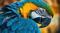 Blue and yellow macaw ara. Closeup shot of blue and yellow macaw on blurred background. Royalty Free Stock Photo