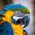 Blue and yellow macaw ara. Closeup shot of blue and yellow macaw on blurred background. Royalty Free Stock Photo
