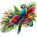 Blue and Yellow Macaw bird with tropical plants and flowers Royalty Free Stock Photo