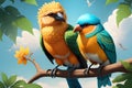 Blue and yellow macaw parrot love birds sitting on a branch of a tree love birds illustration, Generative AI Royalty Free Stock Photo