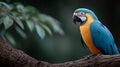 A blue and yellow macaw parrot is perched on a tree branch Royalty Free Stock Photo