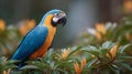 A blue and yellow macaw parrot is perched on a tree branch Royalty Free Stock Photo