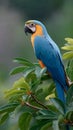 A blue and yellow macaw parrot is perched on a tree branch Royalty Free Stock Photo