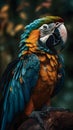 a blue-and-yellow macaw portrait sitting on a branch