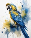 Blue and yellow macaw silhouette, full body, on white background with copy space