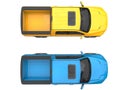 Blue and yellow modern pick-up trucks - top view Royalty Free Stock Photo