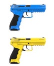 Blue and yellow modern semi automatic handguns