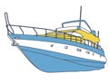 Blue yellow motor boat. Outlined sea yacht for fishing and leisure time. Luxury expensive motorboat Royalty Free Stock Photo