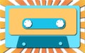 Blue with yellow musical, retro, hipster, old, old, antique audio cassette from the 80`s, 90`s against the background of yellow