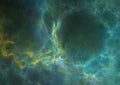 Blue and yellow nebula in deep space on black canvas