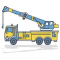 Blue yellow outline crane with hook and arm on white. Construction machinery and ground works