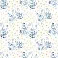 Blue and yellow outline seamless pattern with octopus, cute houses. Galaxy stars and sea animal vector illustration. Royalty Free Stock Photo