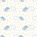 Blue and yellow outline seamless pattern with stingray, cute houses. Galaxy stars and sea animal vector illustration. Royalty Free Stock Photo