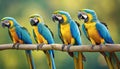 Blue and yellow parrots on a branch