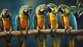 Blue and yellow parrots on a branch