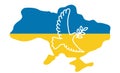 A blue yellow pigeon flies. A symbol of peace in support of Ukraine. Linear vector illustration with a map of Ukraine