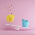 Blue and yellow piggy banks playing with gold coin on seesaw on pink background Royalty Free Stock Photo