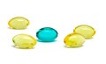 Blue and yellow pills on white background. Special drug amongs ordinary. Standing out of crowd concept