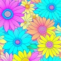 Blue, yellow and pink watercolor flowers with stems and leaves. Watercolor art background Royalty Free Stock Photo