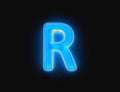 Blue and yellow polished neon light glow transparent glass made font - letter R isolated on dark, 3D illustration of symbols Royalty Free Stock Photo