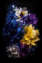 Blue, yellow, purple and white color flowers background. Abstract flower scene in acrylic surrealist style. Royalty Free Stock Photo