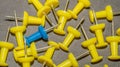 Blue among yellow pushpins