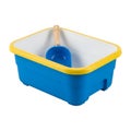 A blue and yellow rectangular container with a white interior and a blue scoop isolated on transparent background Royalty Free Stock Photo