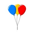 Blue, Yellow, Red balloon flying with a rope tied, vector flat design, three balloons